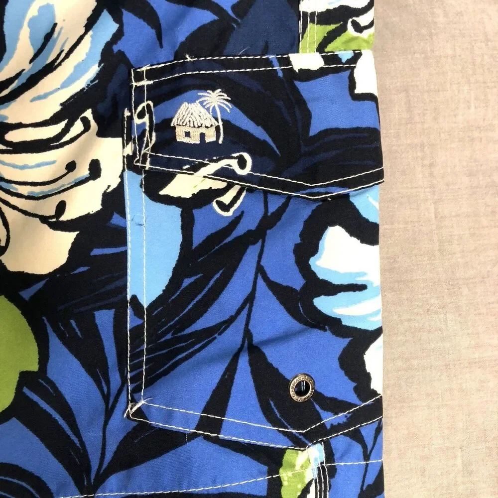 Caribbean Joe Swim Trunks Board Shorts Floral Hibiscus Blue Green Elastic XL